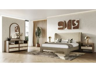 Emilio - Modern Beige Fabric + Burlap + Walnut 4-Piece Bedroom Set
