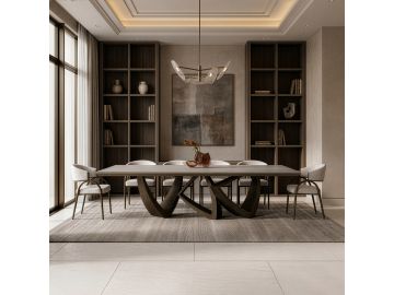 Dollemore - Modern Faux Travertine Ceramic + Antique Brass Dining Table