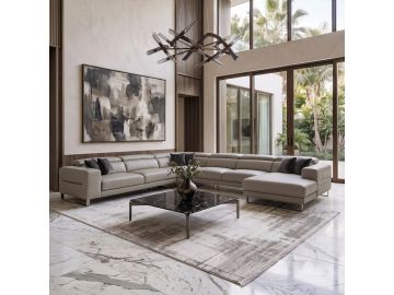 Hawkey - Contemporary Light Grey Leather RAF Chaise Sectional Sofa