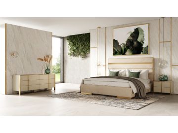 Cartier - Modern Beige Velvet + Brushed Brass 4-Piece Bedroom Set