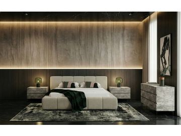 Lamont + Aria - Modern Beige Fabric + Grey Texture 4-Piece Bedroom Set