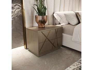 Nixa - Modern Beige Velvet + Brushed Bronze Bed + Birch Nightstands