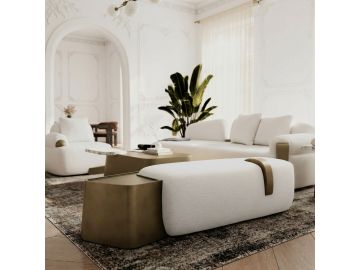 Rainier - Contemporary Off-White Fabric + Antique Brass Bench w/ Tray Table