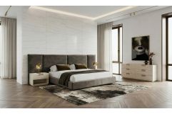 Breslow + Lago - Modern Dark Taupe Fabric + Faux Travertine 4-Piece Bedroom Set