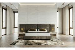 Breslow + Lago - Modern Dark Taupe Fabric + Faux Travertine 4-Piece Bedroom Set